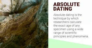 Absolute dating is the technique by which researchers calculate the exact age of any specimen using a wide range of scientific principles and phenomena. Since archaeological material is found in geological contexts like mounds, valleys, exposed sections of river etc. both fields utilise absolute dating during research.