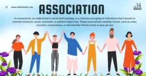 An association, as understood in social anthropology, is a voluntary grouping of individuals that's based on common interests, social, economic, or political objectives. These associations could be formal, such as clubs, societies, corporations, or informal like friend circles or peer groups.