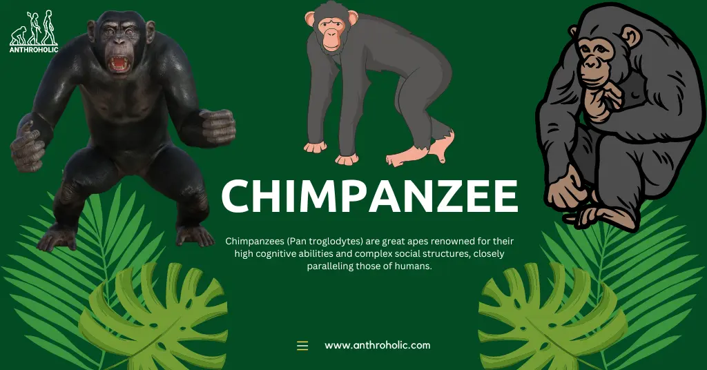 Chimpanzees (Pan troglodytes) are great apes renowned for their high cognitive abilities and complex social structures, closely paralleling those of humans.