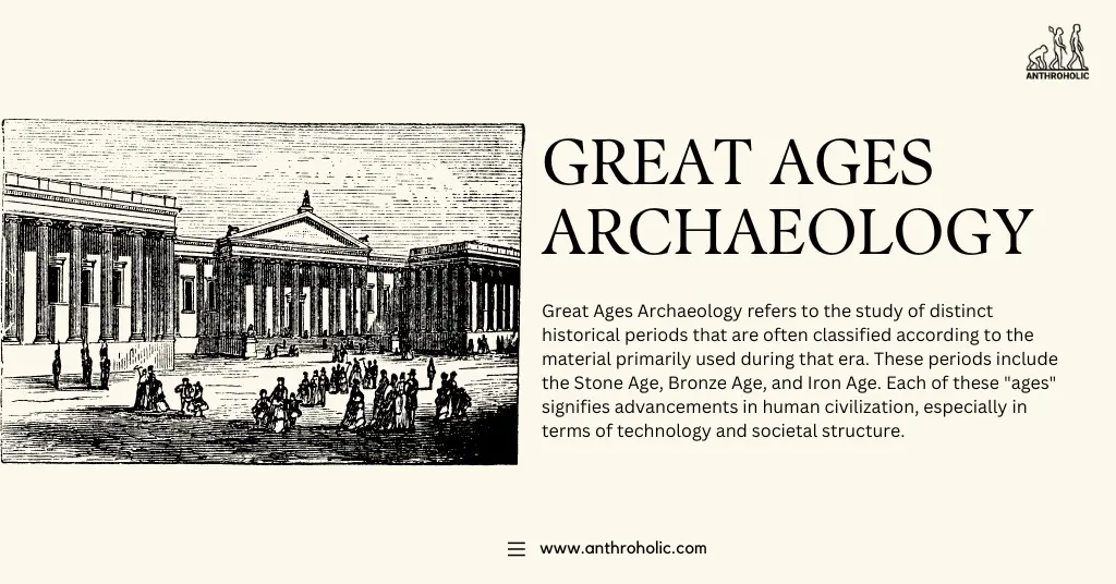 Great Ages Archaeology refers to the study of distinct historical periods that are often classified according to the material primarily used during that era. These periods include the Stone Age, Bronze Age, and Iron Age.